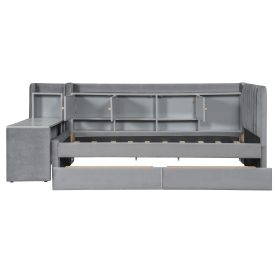 Twin Size Upholstered Daybed with Drawers, Shelves, Flip Cabinets & Side Table