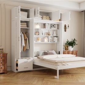 Queen Size Wall Murphy Bed With Top Cabinet, Shelves And Wardrobe