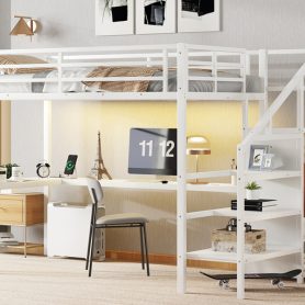 Twin XL Size Metal Loft Bed with L-Shaped Desk, USB, Wardrobe and Adjustable Shelf