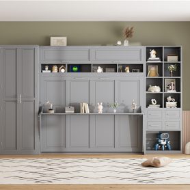 Queen Size Wall Bed with Closet, Drawers and Shelves