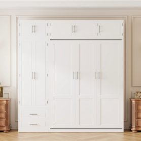 Queen Size Wall Murphy Bed With Top Cabinet, Shelves And Wardrobe