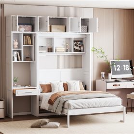 Full Size Wall Murphy Bed with Desk, Top Cabinet and Storage Shelves