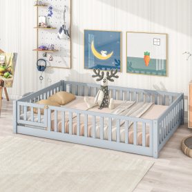 Rubber Wood Full Size Floor Bed With Fence, Door and Safety Guardrails