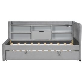 Twin Size Upholstered Daybed with Trundle, Storage Shelves, USB & Outlet