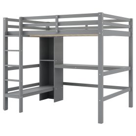 Full Size Loft Bed With Multifunction Shelves And Under-bed Desk