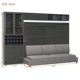 Queen Size Murphy Bed Wall Bed with Sofa, Shelves USB & Light