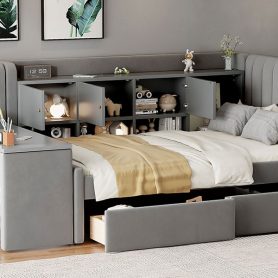 Twin Size Upholstered Daybed with Drawers, Shelves, Flip Cabinets & Side Table
