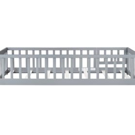 Rubber Wood Twin Size Floor Bed With Fence, Door and Safety Guardrails