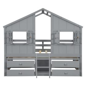 Full Size House Loft Bed with Roof, Windows, 4 Storage Drawers, Safety Guardrails and Ladder
