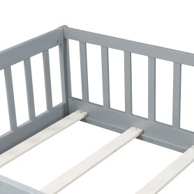 Rubber Wood Twin Size Floor Bed With Fence, Door and Safety Guardrails