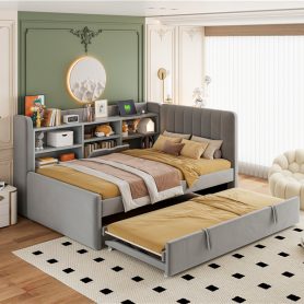 Twin Size Upholstered Daybed with Trundle, Storage Shelves, USB & Outlet