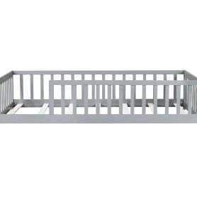 Rubber Wood Twin Size Floor Bed With Fence and Safety Guardrails