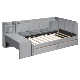 Twin Size Upholstered Daybed with Drawers, Shelves, Flip Cabinets & Side Table
