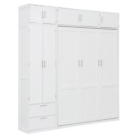 Queen Size Wall Murphy Bed With Top Cabinet, Shelves And Wardrobe