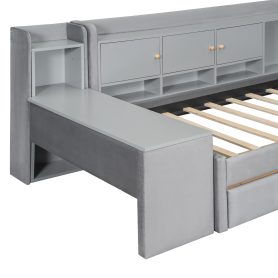 Twin Size Upholstered Daybed with Drawers, Shelves, Flip Cabinets & Side Table