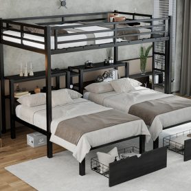 Full Xl Over Twin & Twin Triple Bunk Bed With Drawers, Shelving & USB