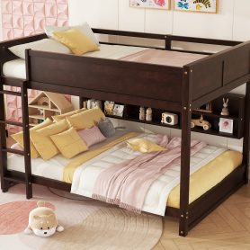 Queen Over Queen Bunk Bed with Built-in Storage Cabinets, Charging Station, Ladder, and Safety Guardrails