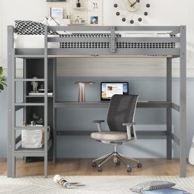 Full Size Loft Bed With Multifunction Shelves And Under-bed Desk