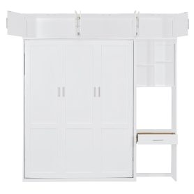 Queen Size Wall Murphy Bed With Desk, Top Cabinet And Storage Shelves