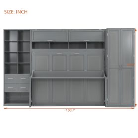 Queen Size Wall Bed with Closet, Drawers and Shelves