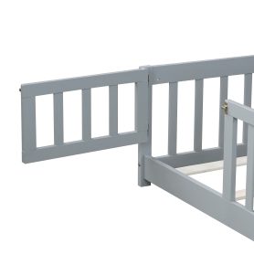 Rubber Wood Twin Size Floor Bed With Fence, Door and Safety Guardrails
