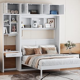 Queen Size Wall Murphy Bed With Desk, Top Cabinet And Storage Shelves