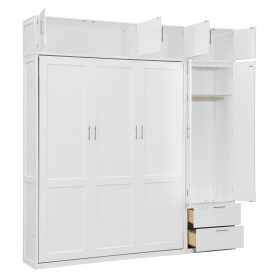 Queen Size Wall Murphy Bed With Top Cabinet, Shelves And Wardrobe
