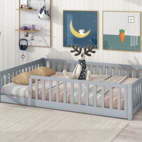 Rubber Wood Full Size Floor Bed With Fence, Door and Safety Guardrails