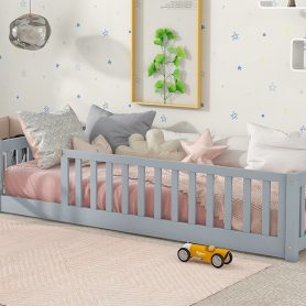 Rubber Wood Twin Size Floor Bed With Fence, Door and Safety Guardrails