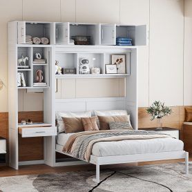 Queen Size Wall Murphy Bed With Desk, Top Cabinet And Storage Shelves