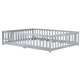 Rubber Wood Full Size Floor Bed With Fence, Door and Safety Guardrails