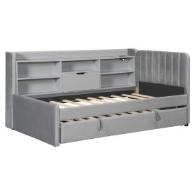 Twin Size Upholstered Daybed with Trundle, Storage Shelves, USB & Outlet