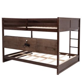 Queen Over Queen Bunk Bed with Built-in Storage Cabinets, Charging Station, Ladder, and Safety Guardrails