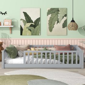 Rubber Wood Twin Size Floor Bed With Fence and Safety Guardrails