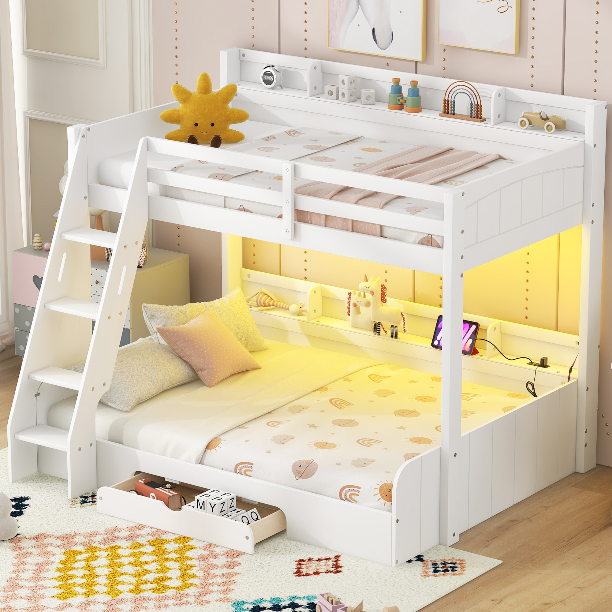 Twin over Full Bunk Bed with Storage Shelves, LED, Charging Station and a Drawer
