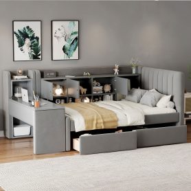 Twin Size Upholstered Daybed with Drawers, Shelves, Flip Cabinets & Side Table
