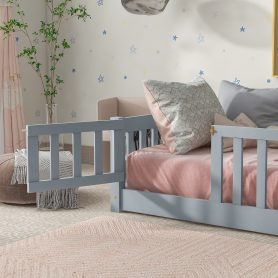 Rubber Wood Twin Size Floor Bed With Fence, Door and Safety Guardrails