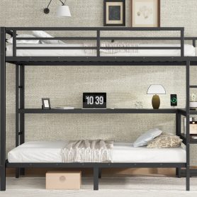 Full Over Twin Bunk Bed With Desk, Shelves, Multiple Placement, LED And USB