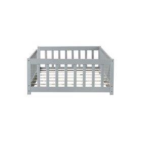 Rubber Wood Twin Size Floor Bed With Fence and Safety Guardrails