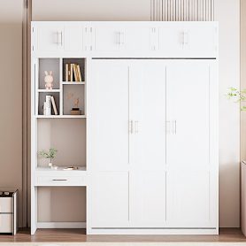 Full Size Wall Murphy Bed with Desk, Top Cabinet and Storage Shelves