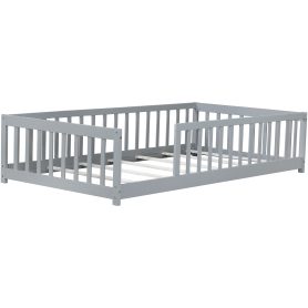 Rubber Wood Twin Size Floor Bed With Fence and Safety Guardrails