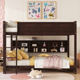 Queen Over Queen Bunk Bed with Built-in Storage Cabinets, Charging Station, Ladder, and Safety Guardrails