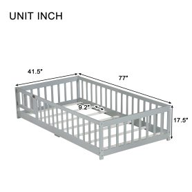 Rubber Wood Twin Size Floor Bed With Fence, Door and Safety Guardrails