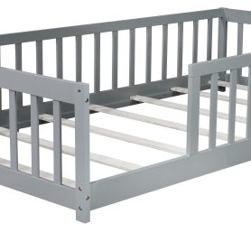 Rubber Wood Twin Size Floor Bed With Fence and Safety Guardrails