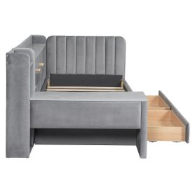 Twin Size Upholstered Daybed with Drawers, Shelves, Flip Cabinets & Side Table