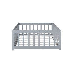 Rubber Wood Twin Size Floor Bed With Fence, Door and Safety Guardrails