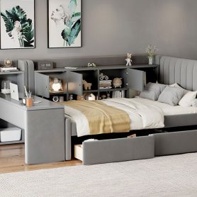 Twin Size Upholstered Daybed with Drawers, Shelves, Flip Cabinets & Side Table
