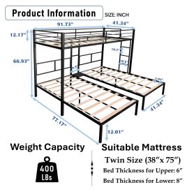 Triple Twin Size Bunk Bed, Sturdy Metal Frame, Anti Noise, No Box Spring Needed