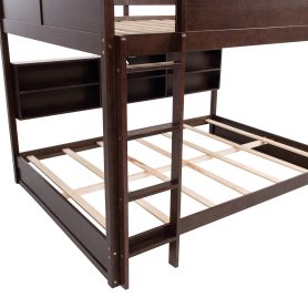 Queen Over Queen Bunk Bed with Built-in Storage Cabinets, Charging Station, Ladder, and Safety Guardrails