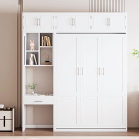 Full Size Wall Murphy Bed with Desk, Top Cabinet and Storage Shelves